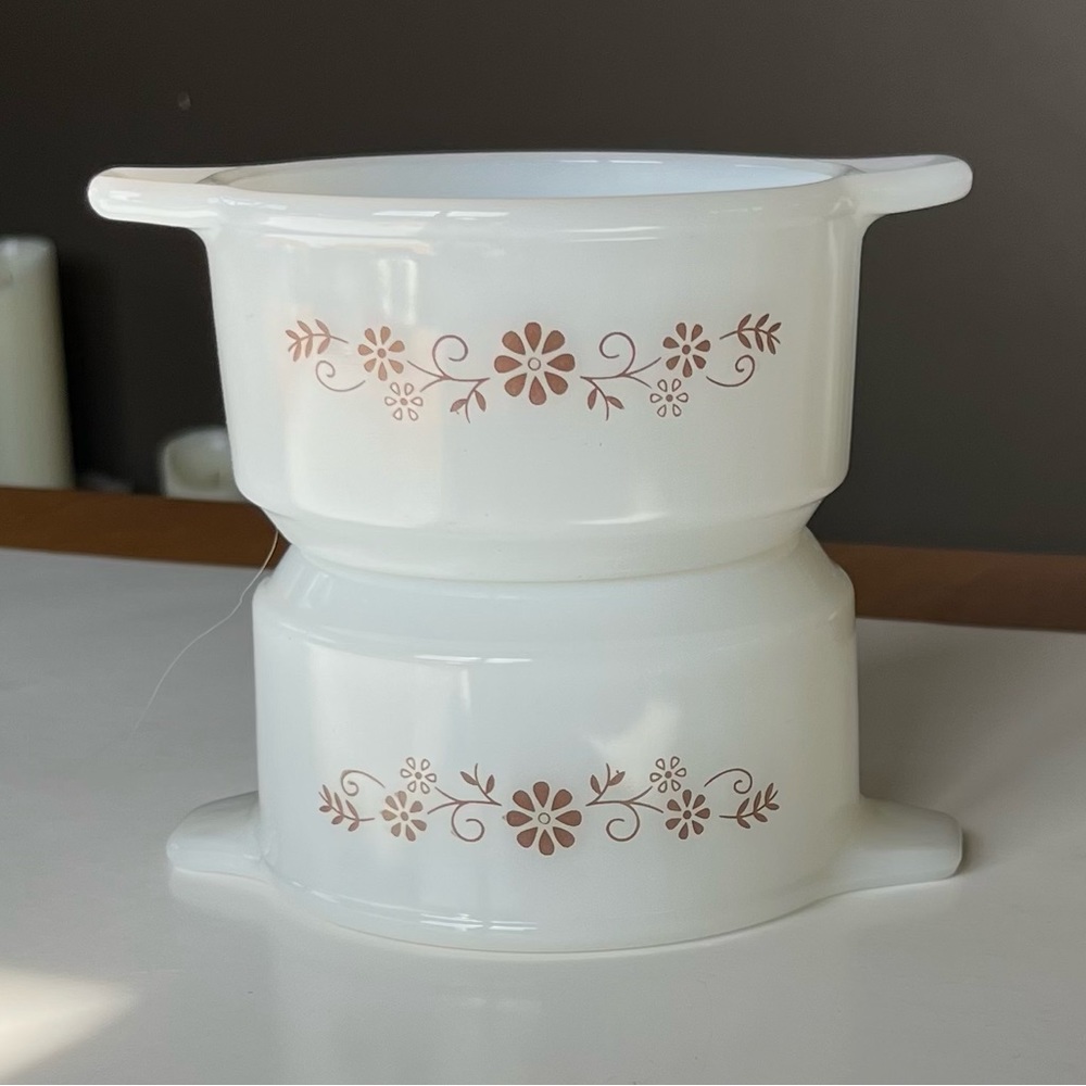 VTG Dynaware Pyr-o-Rey Vitrocrisa milk glass brown floral casserole/sauce dishes